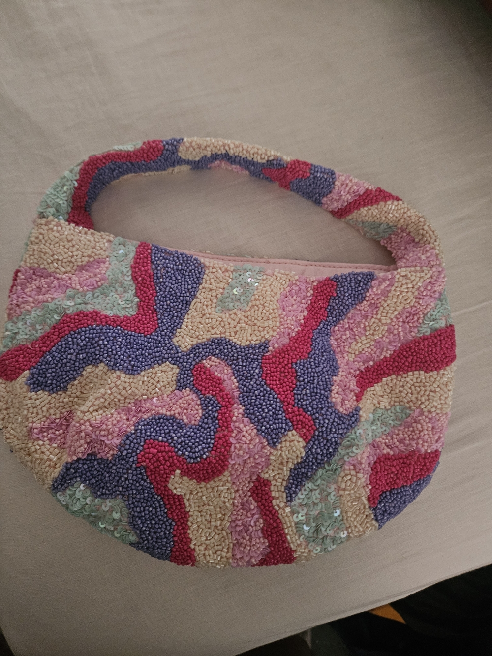 Beaded Multicolor Women's Hobo Bag - Pink, Purple & Cream
